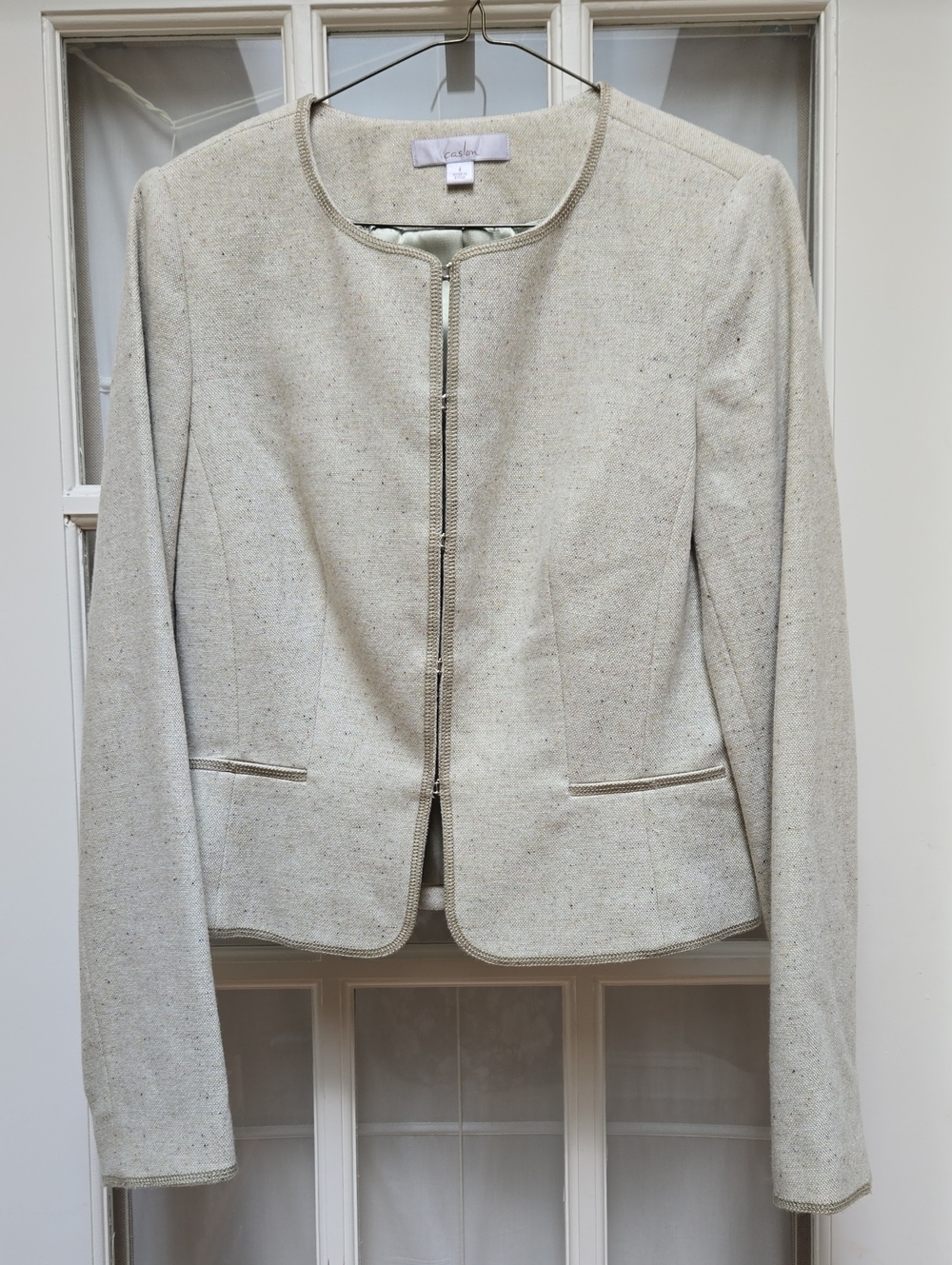 Caslon Light Green Tweed Collarless Cropped Wool & Silk Blazer
